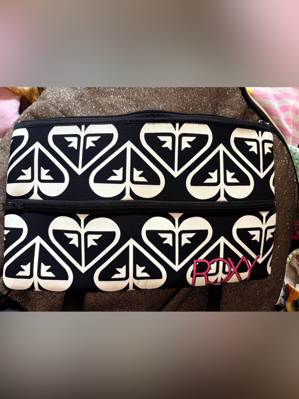 Roxy Black & White Heart-Print Cosmetic Case with Pink Logo